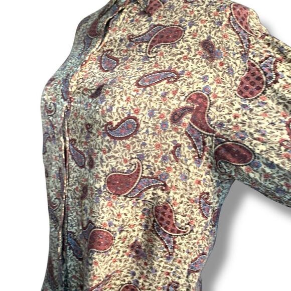Vintage 90s Top Tan Burgundy Silk Paisley Button Front Long Sleeve Dark Floral 6 - Picture 3 of 11